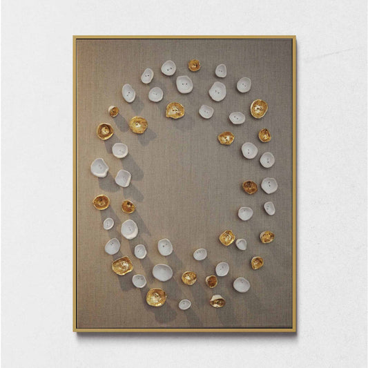 Clay buttons on a linen canvas white and gold gilded sculptural art piece original painting