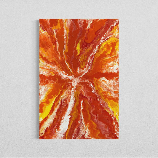 Ginger No Frame is a modern abstract painting which represents a perfect blend of shades of orange, red and yellow. This acrylic pour painting goes well with clean and sophisticated interiors, like this minimalistic kitchen dining area room