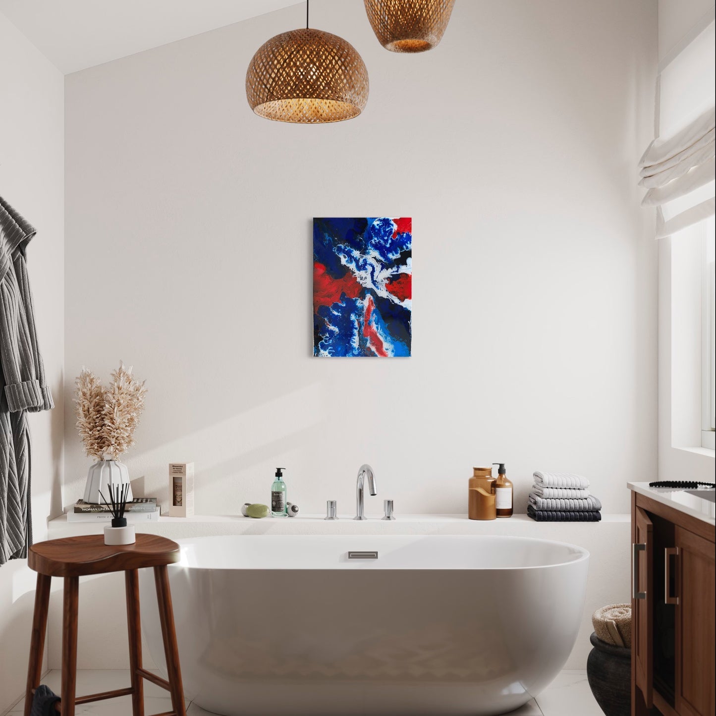 British flag colour palette resin painting in a modern minimal bathroom