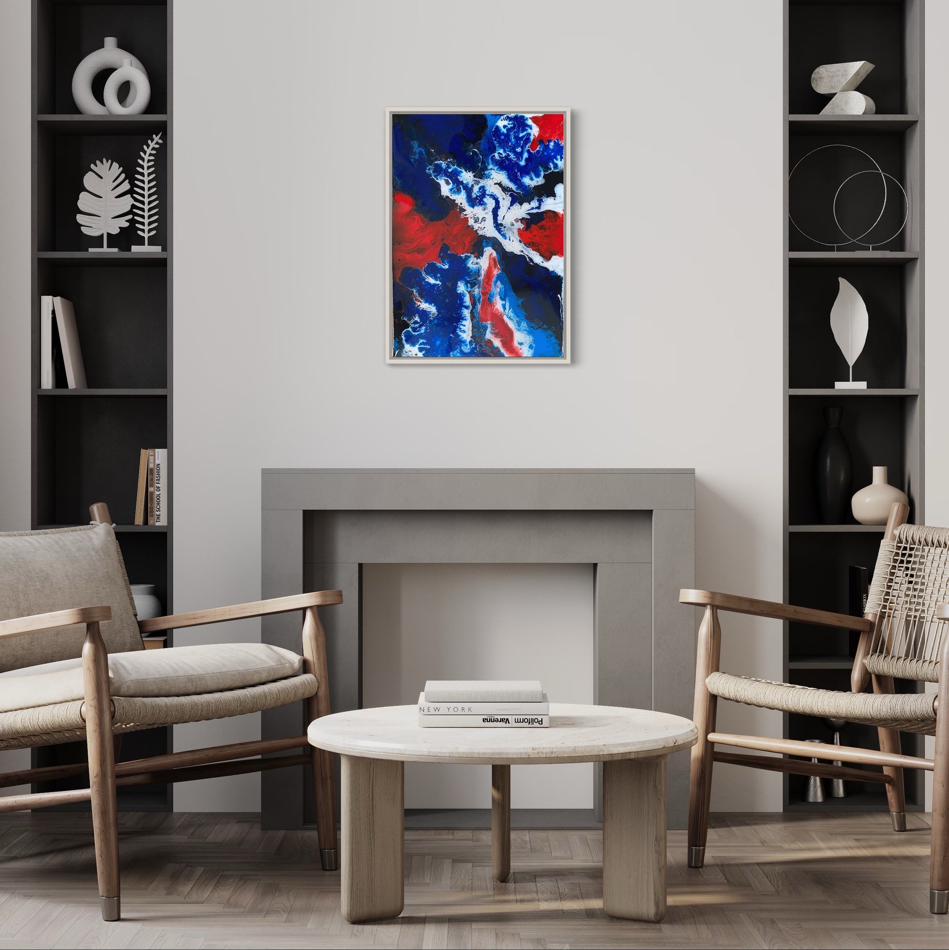 Union Jack British Original Painting Paint Pouring Red, White And Navy in a modern sitting room amongst shelf decoration